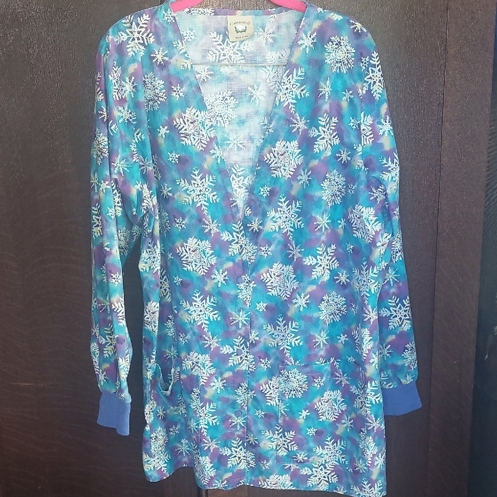 Women's Blue and Purple Snowflake Scrub Jacket